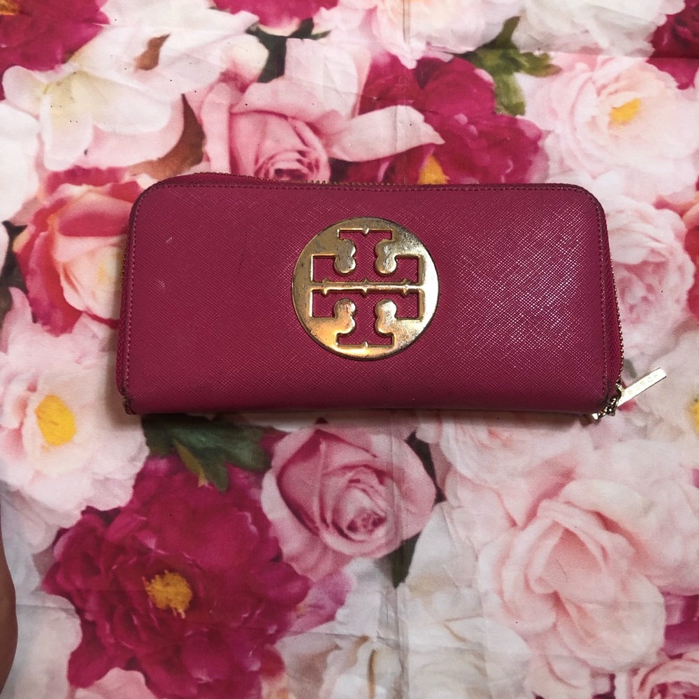 Tory Burch Pink Zip-Around Wallet with Gold Logo
